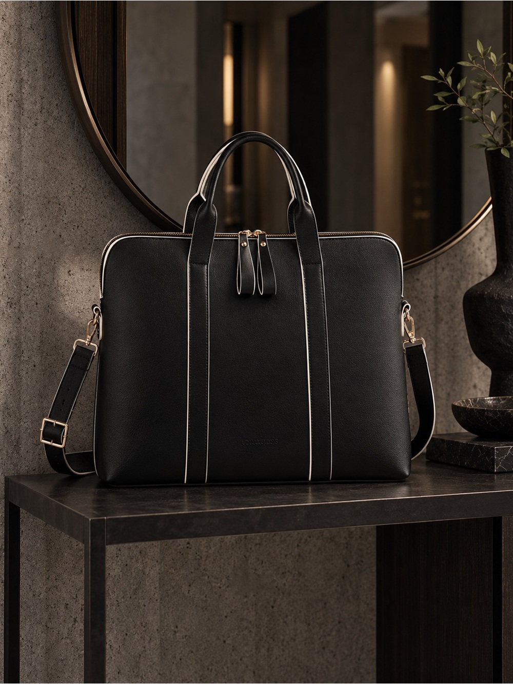 Classic Black Laptop Bag with Contrast Piping